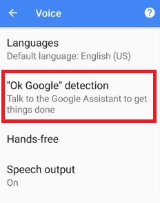 Ok Google détection sous la section vocale