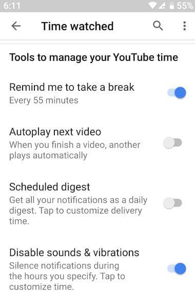 Fonctionnalité de temps de visionnage de YouTube sur Android