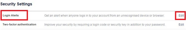 Appuyez sur modifier sous les alertes de connexion dans Facebook